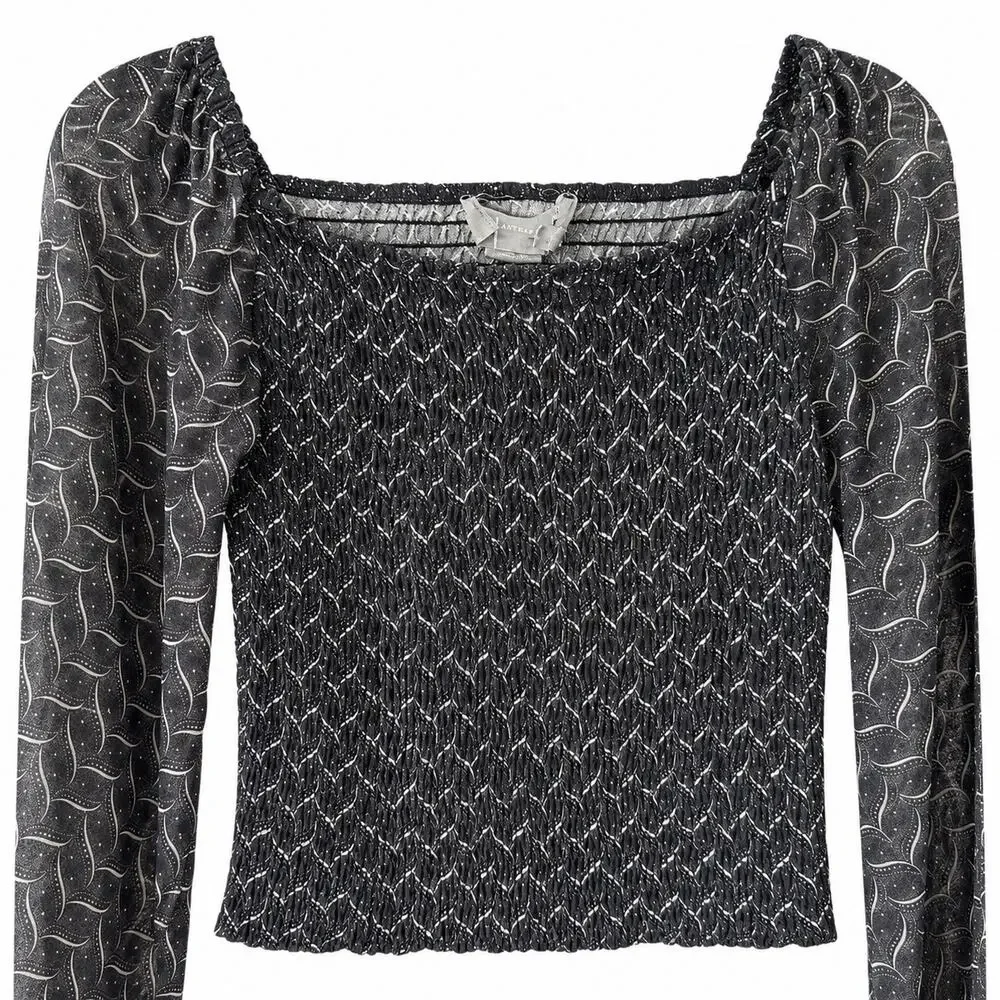 Anthropologie Black Smocked Square Neck Puff Sleeve Whimsygoth XSmall Fairy
